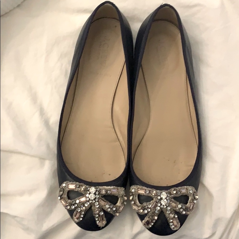 J. Crew crystal bow ballet flats, navy blue
